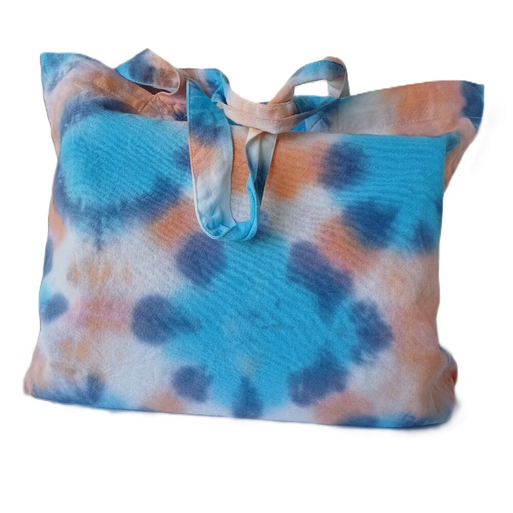 Tie Dye Cotton Reusable Grocery Tote Bag With Colorbursts in Orange Blue & Pink - Picture 13 of 16